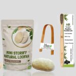1 Kids Bamboo Toothbrush, 1 Tongue Cleaner & 1 Oval Loofah Body Scrubber Combo Pack Charcoal Soft Bristles, Natural,athing (Set of 3)
