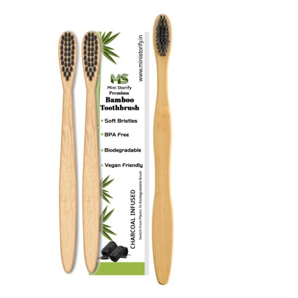 2 Kids and 1 Adults Bamboo Toothbrush with Activated Charcoal andHandle Natural, Soft Bristles(Pack of 2)