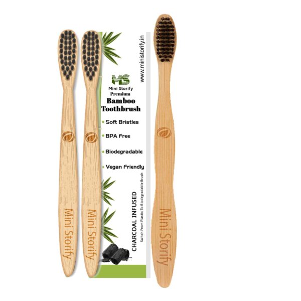 2 Kids and 1 Adults Bamboo Toothbrush with Activated Charcoal andHandle Natural, Soft Bristles(Pack of 3)