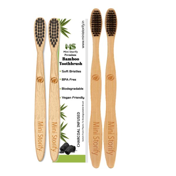 2 Kids and 2 Adults Bamboo Toothbrush with Activated Charcoal andHandle Natural, Soft Bristles(Pack of 4)