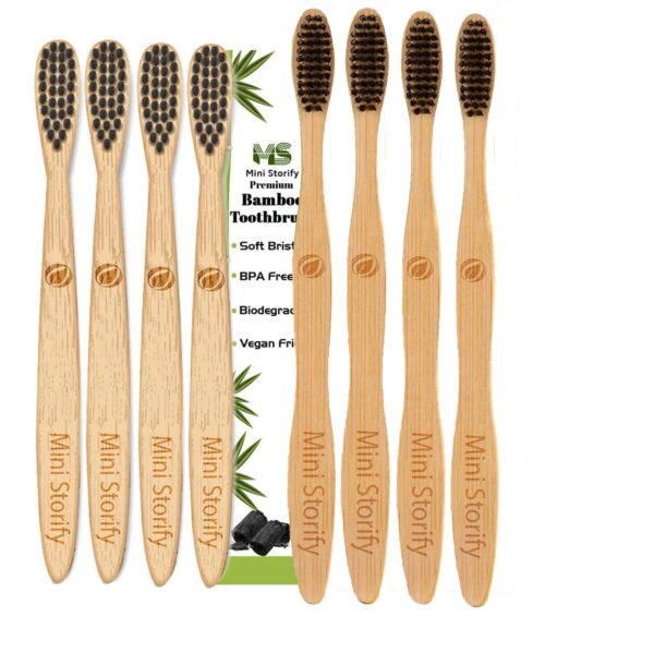 4 Kids and 4 Adults Bamboo Toothbrush with Activated Charcoal andHandle Natural, Soft Bristles(Pack of 8)