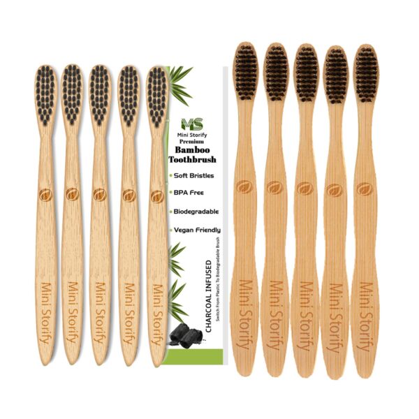 5 Kids and 5 Adults Bamboo Toothbrush with Activated Charcoal andHandle Natural, Soft Bristles(Pack of 10)