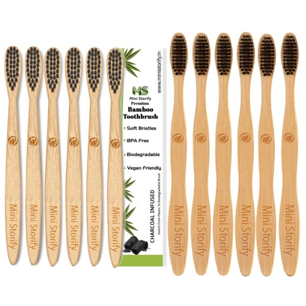 6 Kids and 6 Adults Bamboo Toothbrush with Activated Charcoal andHandle Natural, Soft Bristles(Pack of 12)