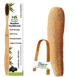 1 Adults Bamboo Toothbrush, 1 Tongue Cleaner and 1 Loofah Body Scrubber Combo Pack Soft Bristles,athing (Set of 3)
