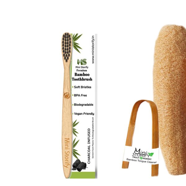 Kids Bamboo Toothbrush, Tongue Cleaner and Loofah Body Scrubber Combo Pack Soft Bristles,athing (Pack of 3)