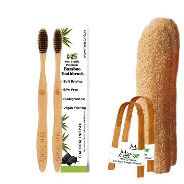 2 Adults Bamboo Toothbrush, 2 Tongue Cleaner and 2 Loofah Body Scrubber Combo Pack Soft Bristles,athing (Set of 6)
