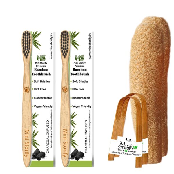 2 Kids Bamboo Toothbrush, 2 Tongue Cleaner and 2 Loofah Body Scrubber Combo Pack Soft Bristles,athing (Pack of 6)