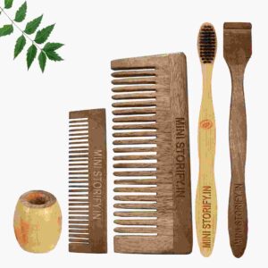 1 Neem Pocket & 1 Shampu Comb 1 Adult bamboo toothbrush1 Neem tongue Cleaner1 Bamboo brush stand
