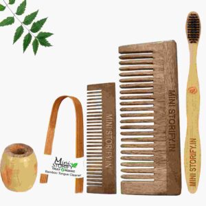 1 Neem Pocket & 1 Shampu Comb 1 Adult bamboo toothbrush1 Bamboo tongue cleaner1 Bamboo brush stand