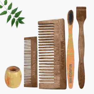 1 Neem Pocket & 1 Shampu Comb 1 Neem kids toothbrush1 Neem tongue Cleaner1 Bamboo brush stand