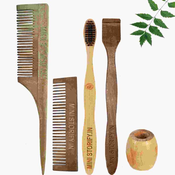 1.Neem.Pocket.&.1.Tail.Comb.1.Adult.bamboo toothbrush1.Neem.tongue.Cleaner1.Bamboo.brush.stand