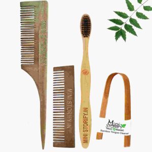 1 Neem Pocket & 1 Tail Comb 1 Adult bamboo toothbrush1 Bamboo tongue cleaner