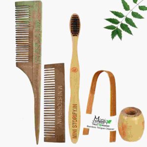 1 Neem Pocket & 1 Tail Comb 1 Adult bamboo toothbrush1 Bamboo tongue cleaner1 Bamboo brush stand