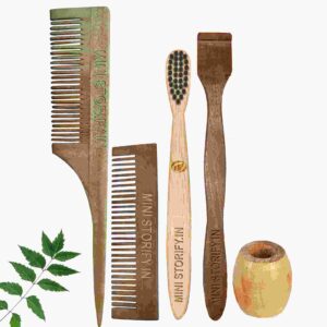 1 Neem Pocket & 1 Tail Comb 1 Kidsbamboo toothbrush1 Neem tongue Cleaner1 Bamboo brush stand