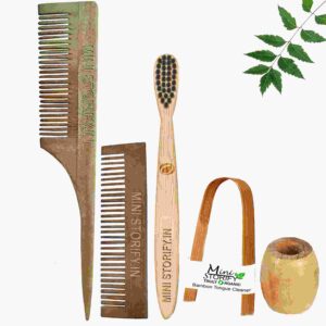 1 Neem Pocket & 1 Tail Comb 1 Kids bamboo toothbrush1 Bamboo tongue cleaner1 Bamboo brush stand
