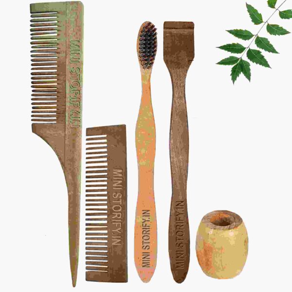1.Neem.Pocket.&.1.Tail.Comb.1.Neem adult.toothbrush1.Neem.tongue.Cleaner1.Bamboo.brush.stand