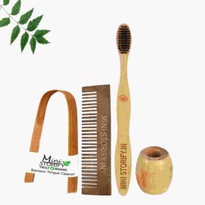 1 Neem Pocket Comb 1 Adult bamboo toothbrush1 Bamboo tongue cleaner1 Bamboo brush stand