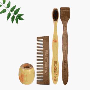 1 Neem Pocket Comb 1 Neem adult toothbrush1 Neem tongue Cleaner1 Bamboo brush stand