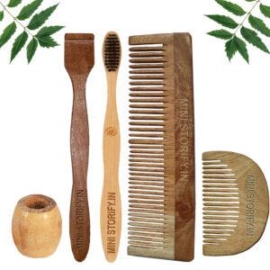 1 Neem Beard & 1 Dressing Comb 1 Adult bamboo toothbrush1 Neem tongue Cleaner1 Bamboo brush stand