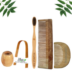 1 Neem Beard & 1 Dressing Comb 1 Adult bamboo toothbrush1 Bamboo tongue cleaner1 Bamboo brush stand