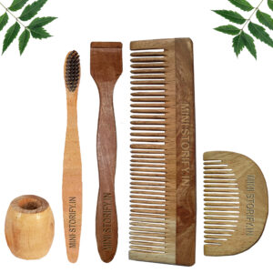 1 Neem Beard & 1 Dressing Comb 1 Neem kids toothbrush1 Neem tongue Cleaner1 Bamboo brush stand