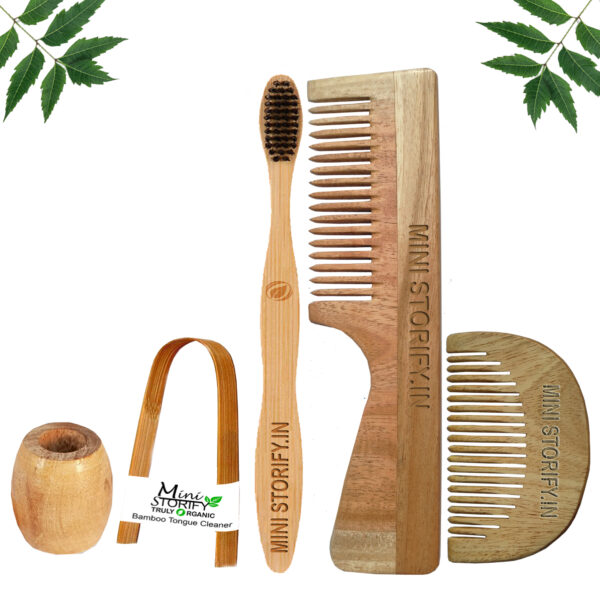 1.Neem.Beard.&.1.Handle.Comb.1.Adult.bamboo.toothbrush1.Bamboo.tongue.cleaner1.Bamboo.brush.stand