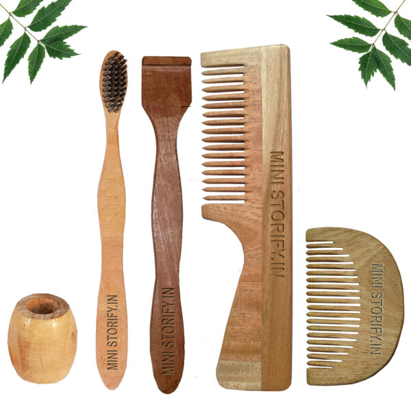 1.Neem.Beard.&.1.Handle.Comb.1.Neem.adult.toothbrush1.Neem.tongue.Cleaner1.Bamboo.brush.stand