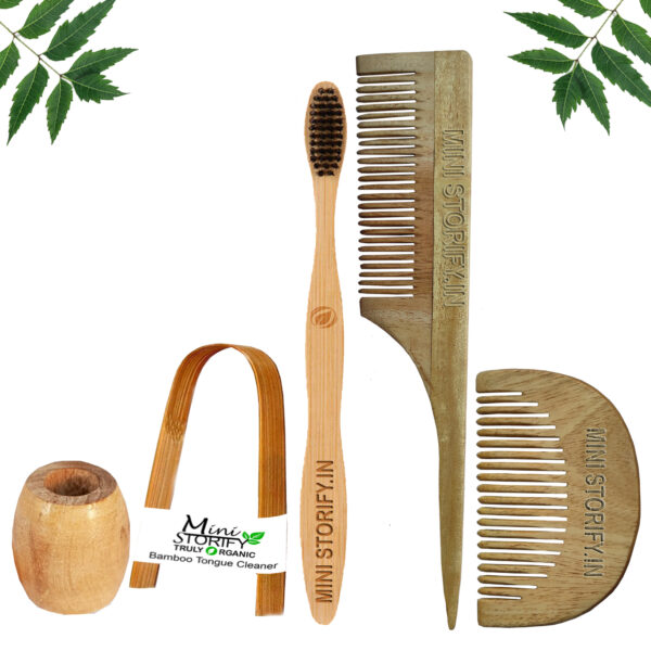 1.Neem.Beard.&.1.Tail.Comb.1.Adult.bamboo.toothbrush1.Bamboo.tongue.cleaner1.Bamboo.brush.stand