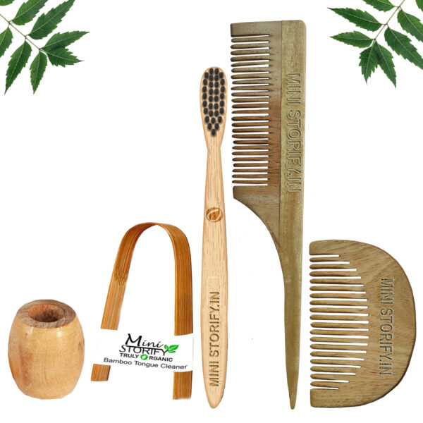 1.Neem.Beard.&.1.Tail.Comb.1.Kids.bamboo.toothbrush1.Bamboo.tongue.cleaner1.Bamboo.brush.stand