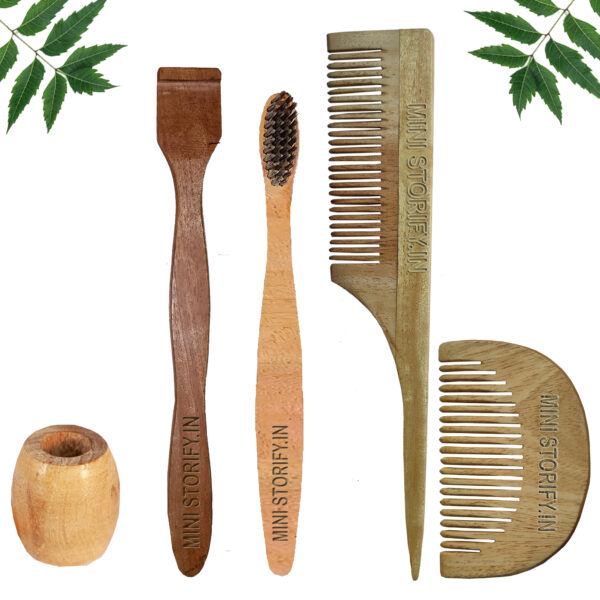 1.Neem.Beard.&.1.Tail.Comb.1.Neem.kids.toothbrush1.Neem.tongue.Cleaner1.Bamboo.brush.stand