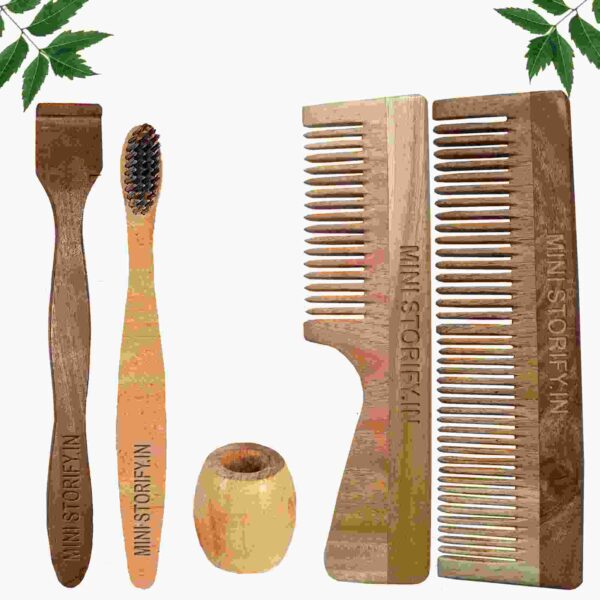1 Neem Dressing & 1 Handle Comb 1 Neem kids toothbrush 1 Neem tongue Cleaner 1 Bamboo brush stand