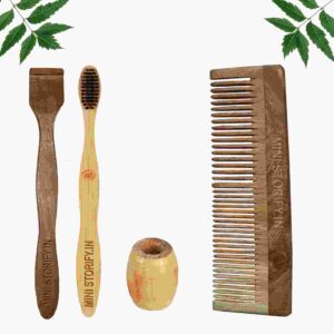 1 Neem Dressing Comb 1 Adult bamboo toothbrush1 Neem tongue Cleaner1 Bamboo brush stand