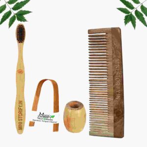 1 Neem Dressing Comb 1 Adult bamboo toothbrush1 Bamboo tongue cleaner1 Bamboo brush stand