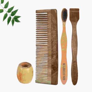 1 Neem Dressing Comb 1 Neem adult toothbrush1 Neem tongue Cleaner1 Bamboo brush stand