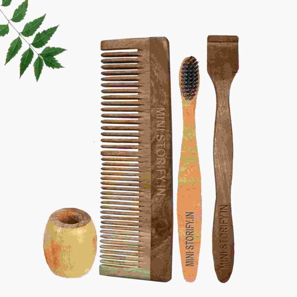 1.Neem.Dressing.Comb.1.Neem.kids.toothbrush1.Neem.tongue.Cleaner1.Bamboo.brush.stand