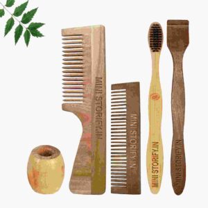1 Neem Handle & 1 Pocket Comb 1 Adult bamboo toothbrush1 Neem tongue Cleaner1 Bamboo brush stand