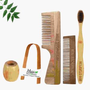 1 Neem Handle & 1 Pocket Comb 1 Adult bamboo toothbrush1 Bamboo tongue cleaner1 Bamboo brush stand