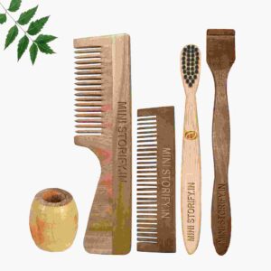 1 Neem Handle & 1 Pocket Comb 1 Kids bamboo toothbrush1 Neem tongue Cleaner1 Bamboo brush stand