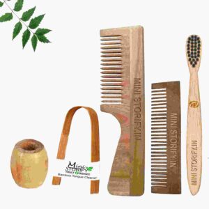 1 Neem Handle & 1 Pocket Comb 1 Kids bamboo toothbrush1 Bamboo tongue cleaner1 Bamboo brush stand