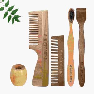 1 Neem Handle & 1 Pocket Comb 1 Neem adult toothbrush1 Neem tongue Cleaner1 Bamboo brush stand