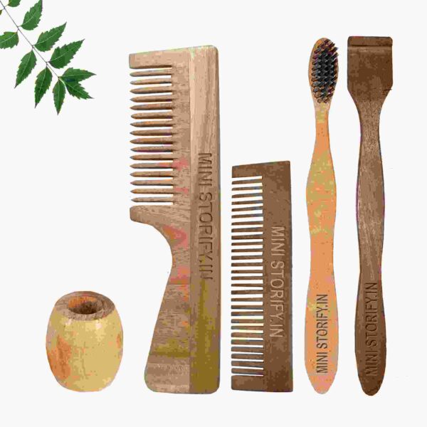 1.Neem.Handle.&.1.Pocket.Comb.1.Neem.adult toothbrush1.Neem.tongue.Cleaner1.Bamboo.brush.stand