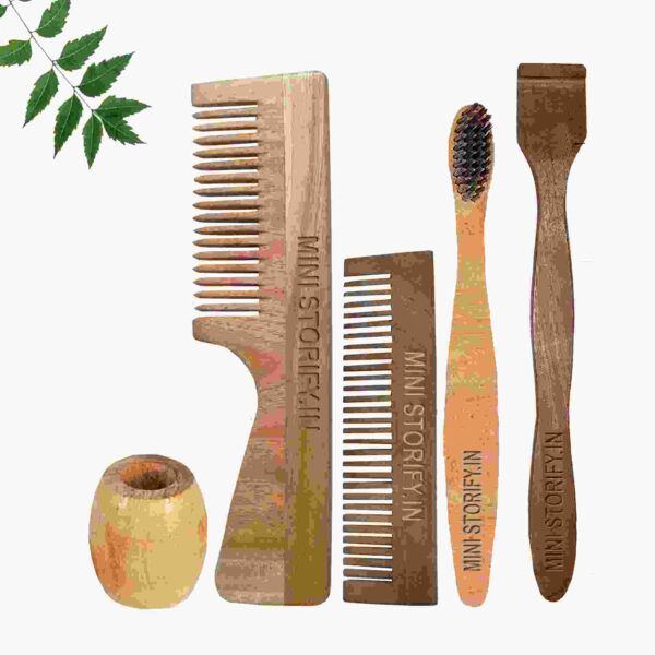 1.Neem.Handle.&.1.Pocket.Comb.1.Neem.kids toothbrush1.Neem.tongue.Cleaner1.Bamboo.brush.stand