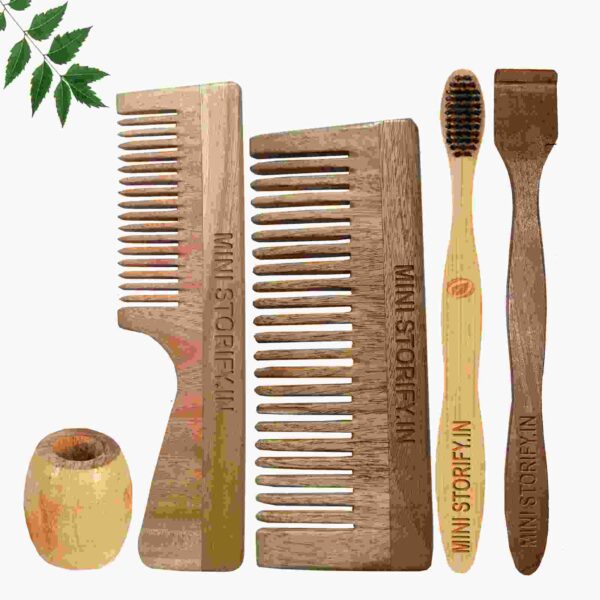 1.Neem.Handle.&.1.Shampu.Comb.1.Adult.bamboo toothbrush1.Neem.tongue.Cleaner1.Bamboo.brush.stand