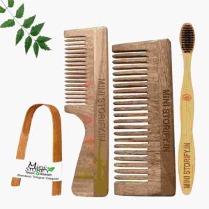 1 Neem Handle & 1 Shampu Comb 1 Adult bamboo toothbrush1 Bamboo tongue cleaner