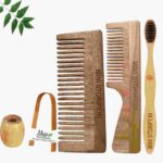 1 Neem Handle & 1 Shampu Comb 1 Adult bamboo toothbrush1 Bamboo tongue cleaner1 Bamboo brush stand