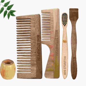 1 Neem Handle & 1 Shampu Comb 1 Kids bamboo toothbrush1 Neem tongue Cleaner1 Bamboo brush stand