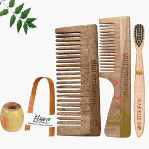 1 Neem Handle & 1 Shampu Comb 1 Kids bamboo toothbrush1 Bamboo tongue cleaner1 Bamboo brush stand