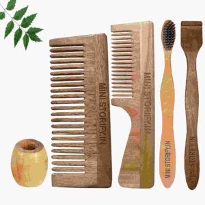 1 Neem Handle & 1 Shampu Comb 1 Neem adult toothbrush1 Neem tongue Cleaner1 Bamboo brush stand