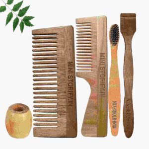 1 Neem Handle & 1 Shampu Comb 1 Neem kids toothbrush1 Neem tongue Cleaner1 Bamboo brush stand