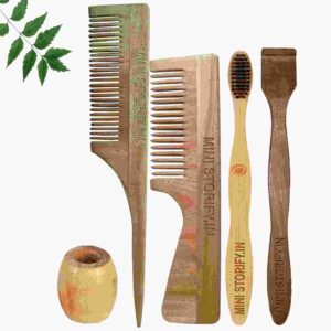 1 Neem Handle & 1 Tail Comb 1 Adult bamboo toothbrush1 Neem tongue Cleaner1 Bamboo brush stand